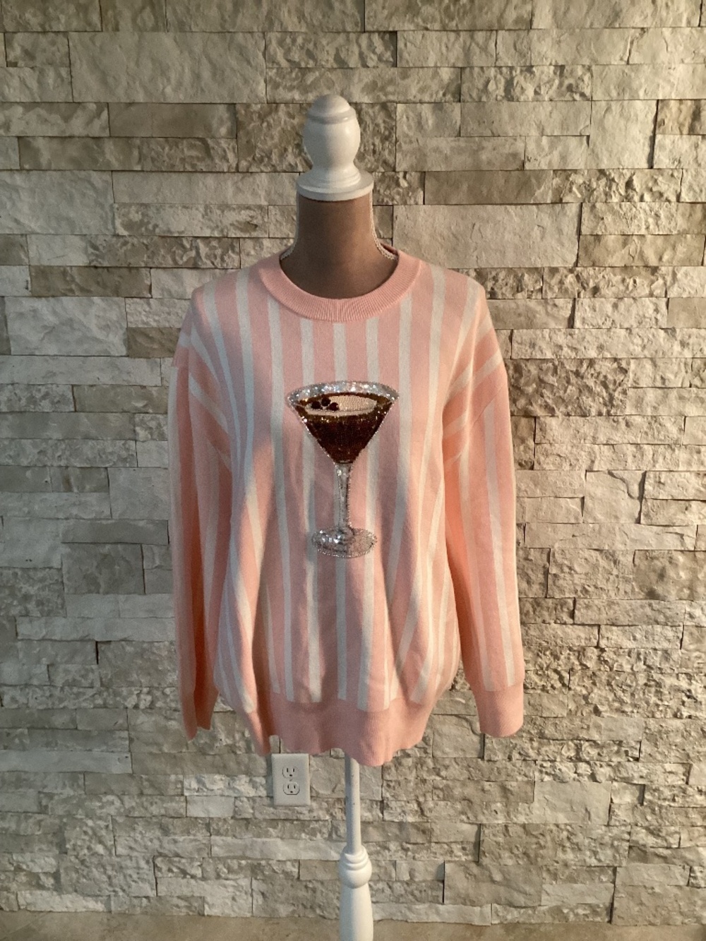 NWT Queen of Sparkles Espresso Martini Stripe Sweater Pink White Small S